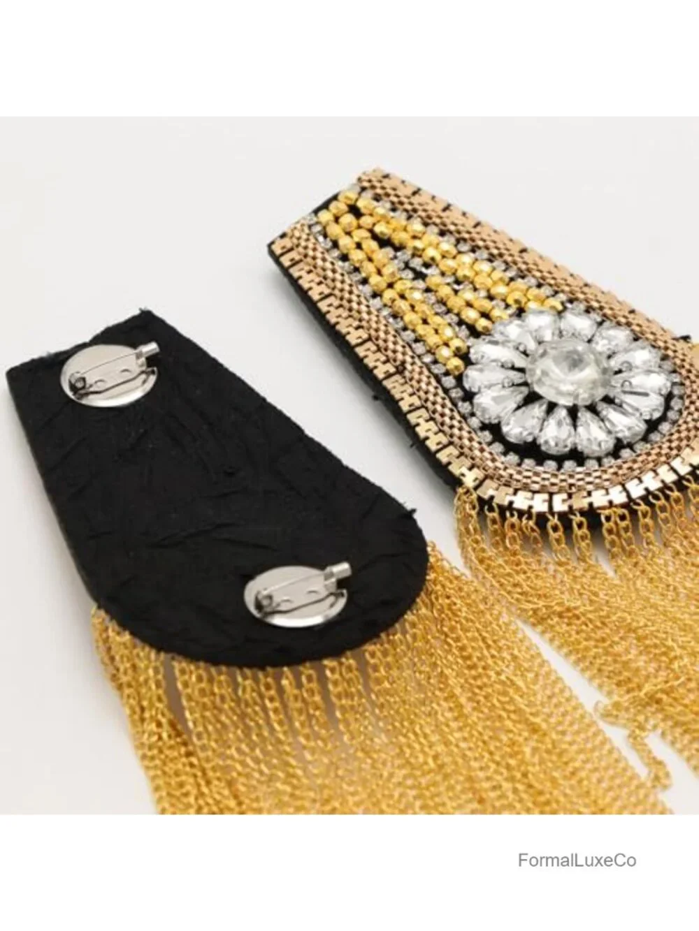 Crystal Beads Gold Tassel Epaulette Brooch Pin Punk Fringe Shoulder Badge Pair